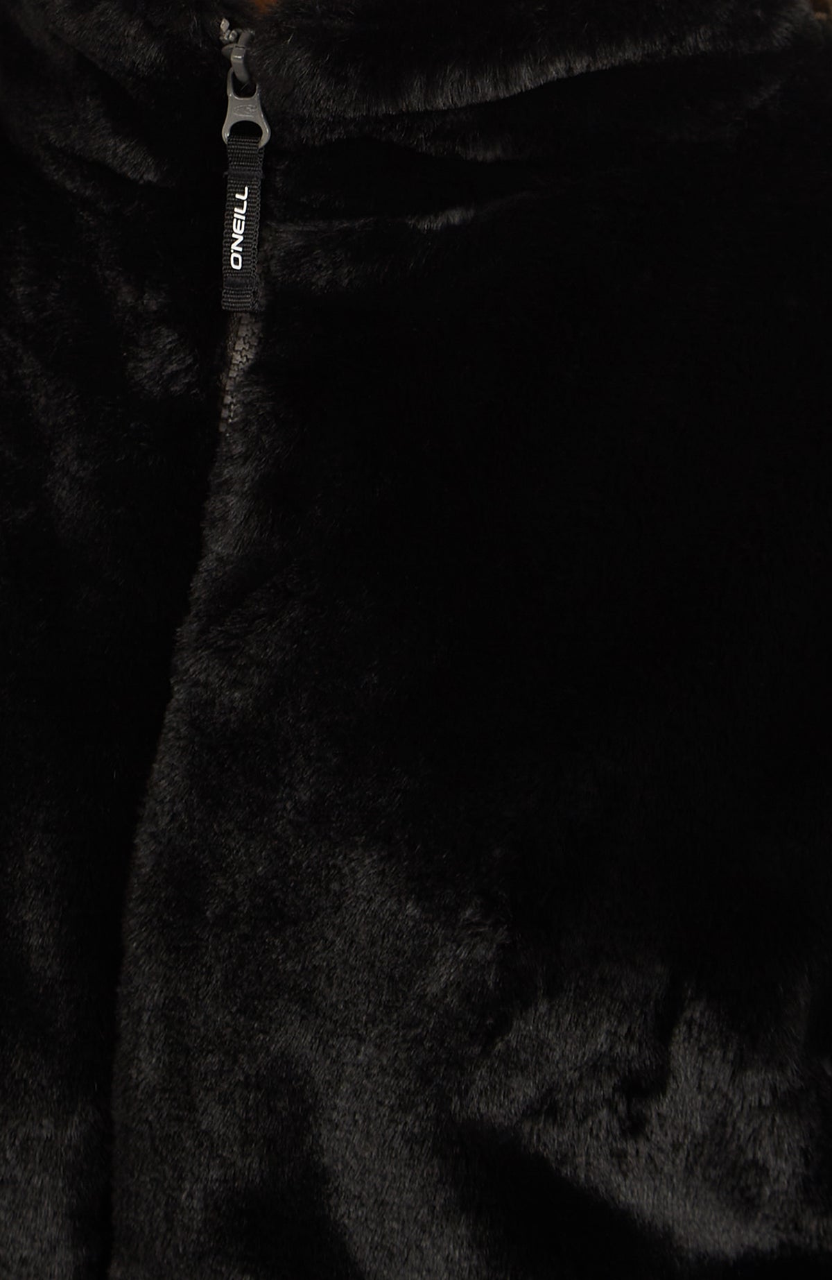 FWC'Cruz Faux Fur Fleecejacke für Damen, schwarz, Nahaufnahme des Reißverschlusses mit Logo-Zipperband