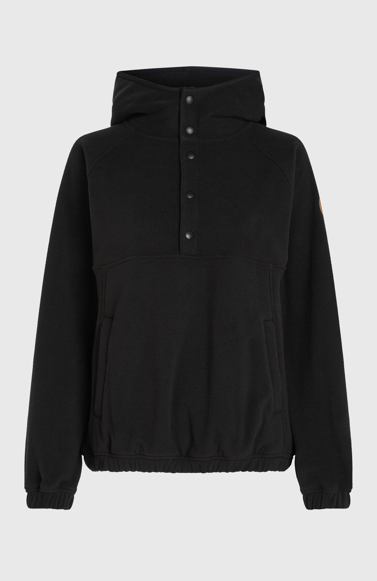 O'Riginals Superfleece Hoodie für Damen, schwarz, freigestellt von vorne mit Druckknopfleiste am Kragen