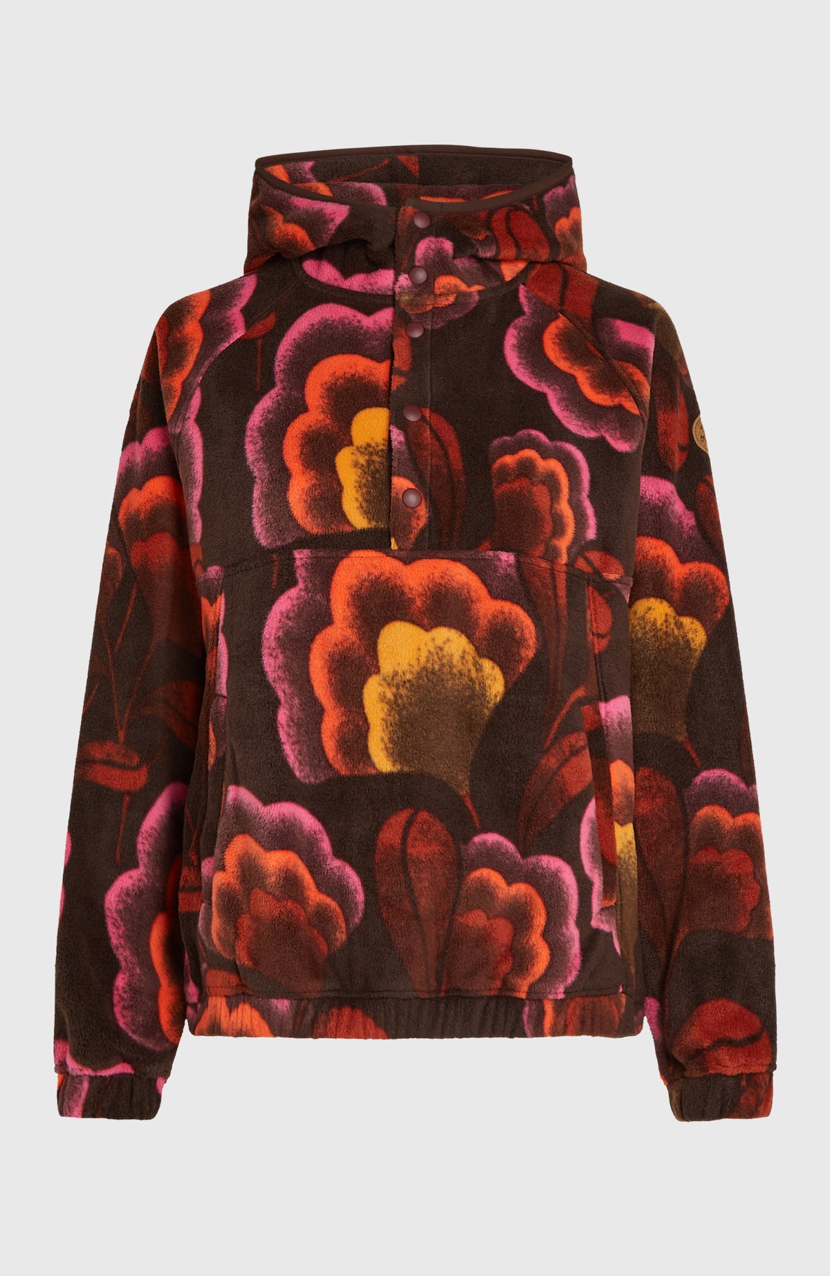 O'Riginals Superfleece Hoodie für Damen, braun mit Blumenmuster in Pink und Orange, freigestellt von vorne