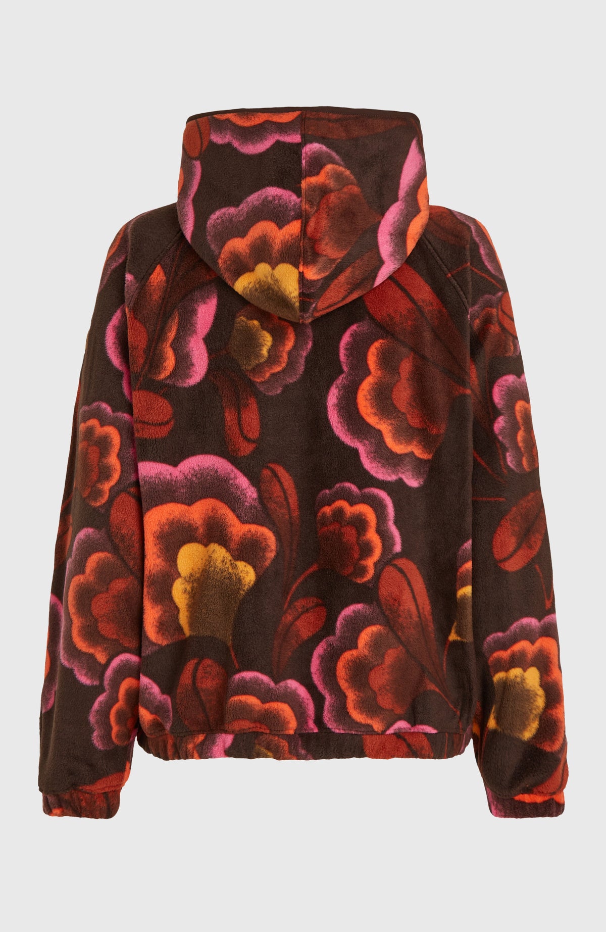O'Riginals Superfleece Hoodie für Damen, braun mit Blumenmuster in Pink und Orange, freigestellt von hinten