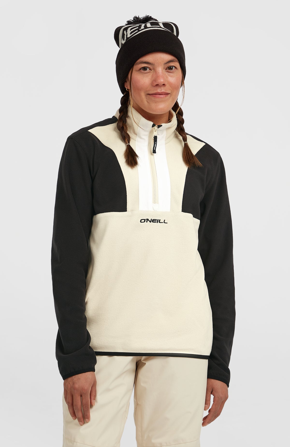 O'Neill FWC'Cruz Triple Polartec® Fleecepullover mit Halbreißverschluss für Damen, schwarz, Vorderansicht am Model