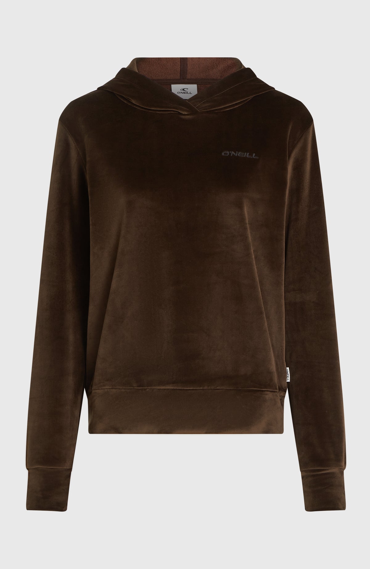 Brauner FWC'Cruz Velour Hoodie für Damen, freigestellt von vorne mit Kapuze und Logo-Detail