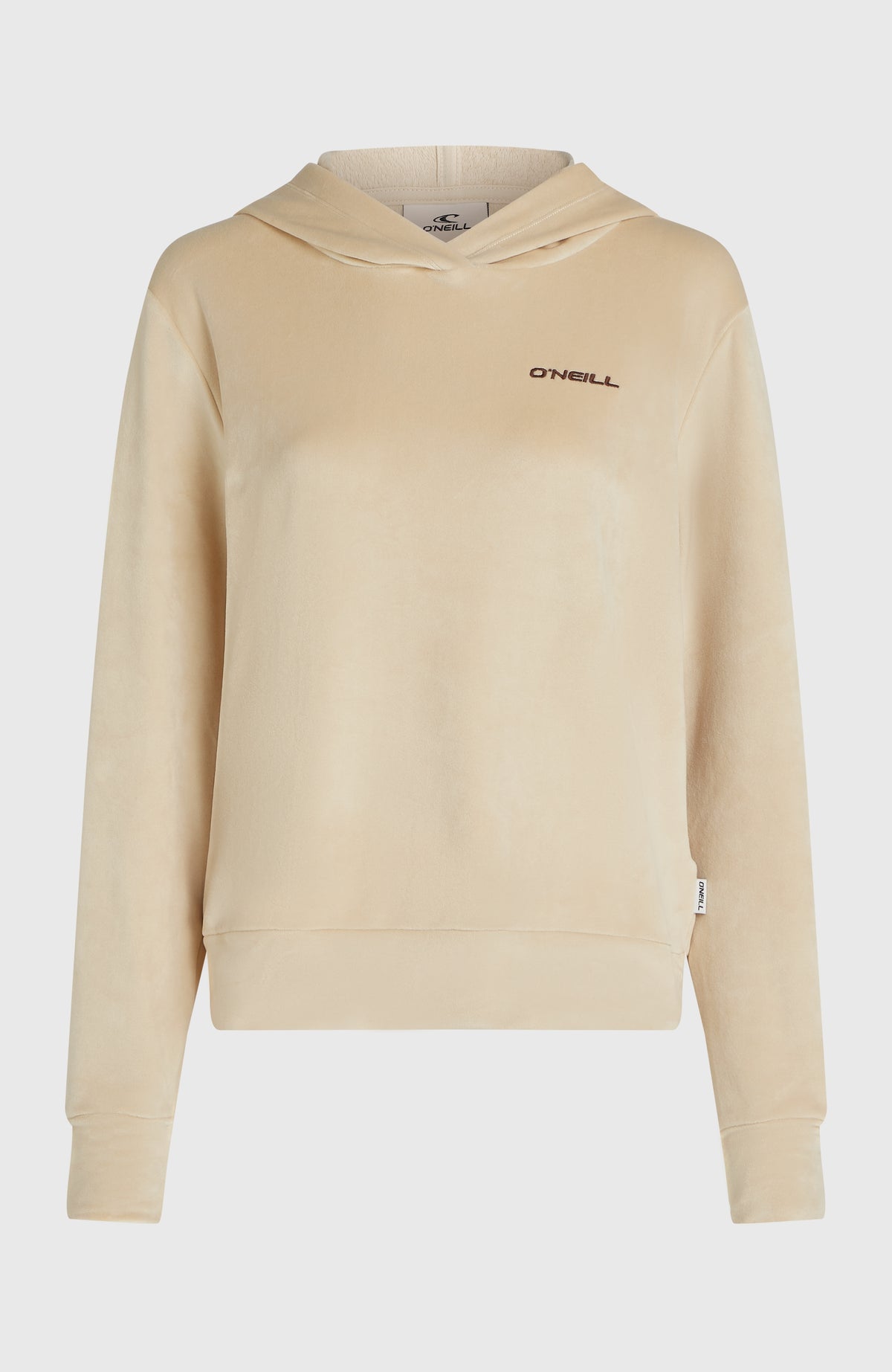 FWC'Cruz Velour Hoodie für Damen, beige, freigestellt von vorne mit Logo-Stickerei auf der Brust