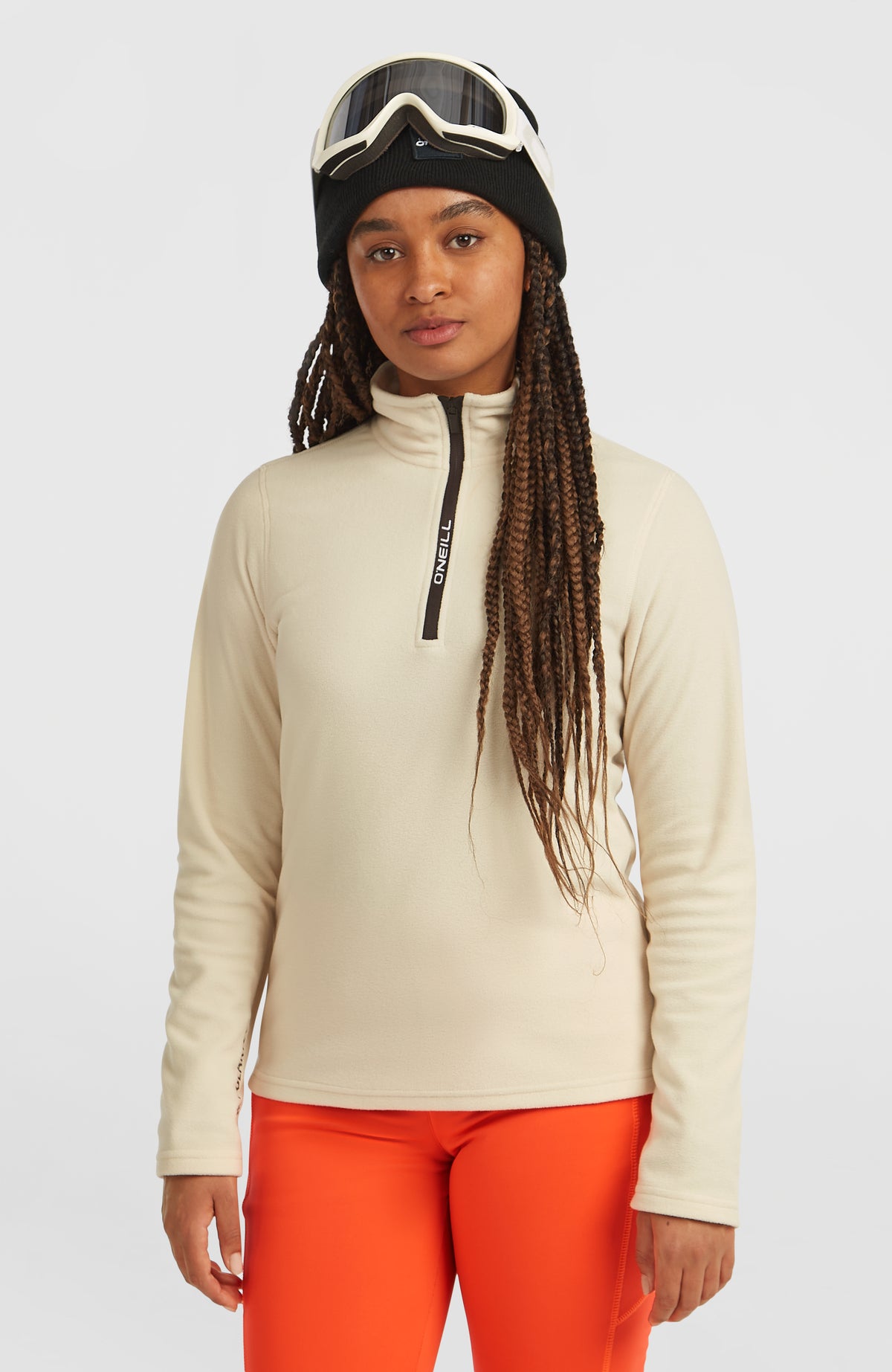 O'Neill FWC'Cruz Jack's Polartec® Fleecepullover mit Halbreißverschluss für Damen, beige, Vorderansicht am Model