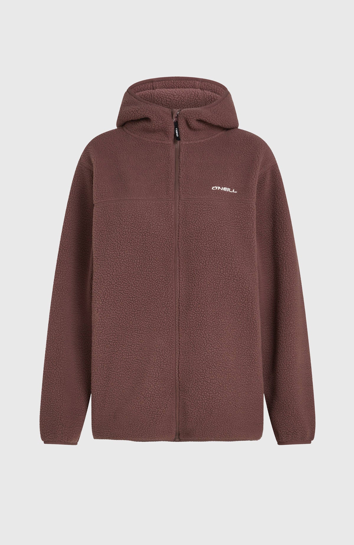 Must-Have Long Fleecejacke für Damen, lila, freigestellt von vorne mit durchgehendem Reißverschluss und Kapuze