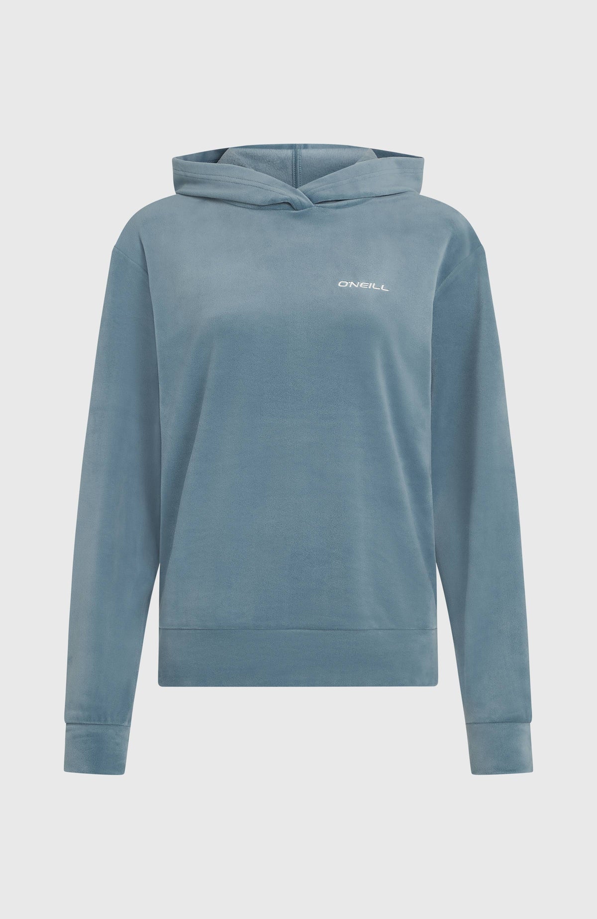 FWC'Cruz Velour Hoodie für Damen, blau, freigestellt von vorne mit Rippbündchen an Saum und Ärmeln