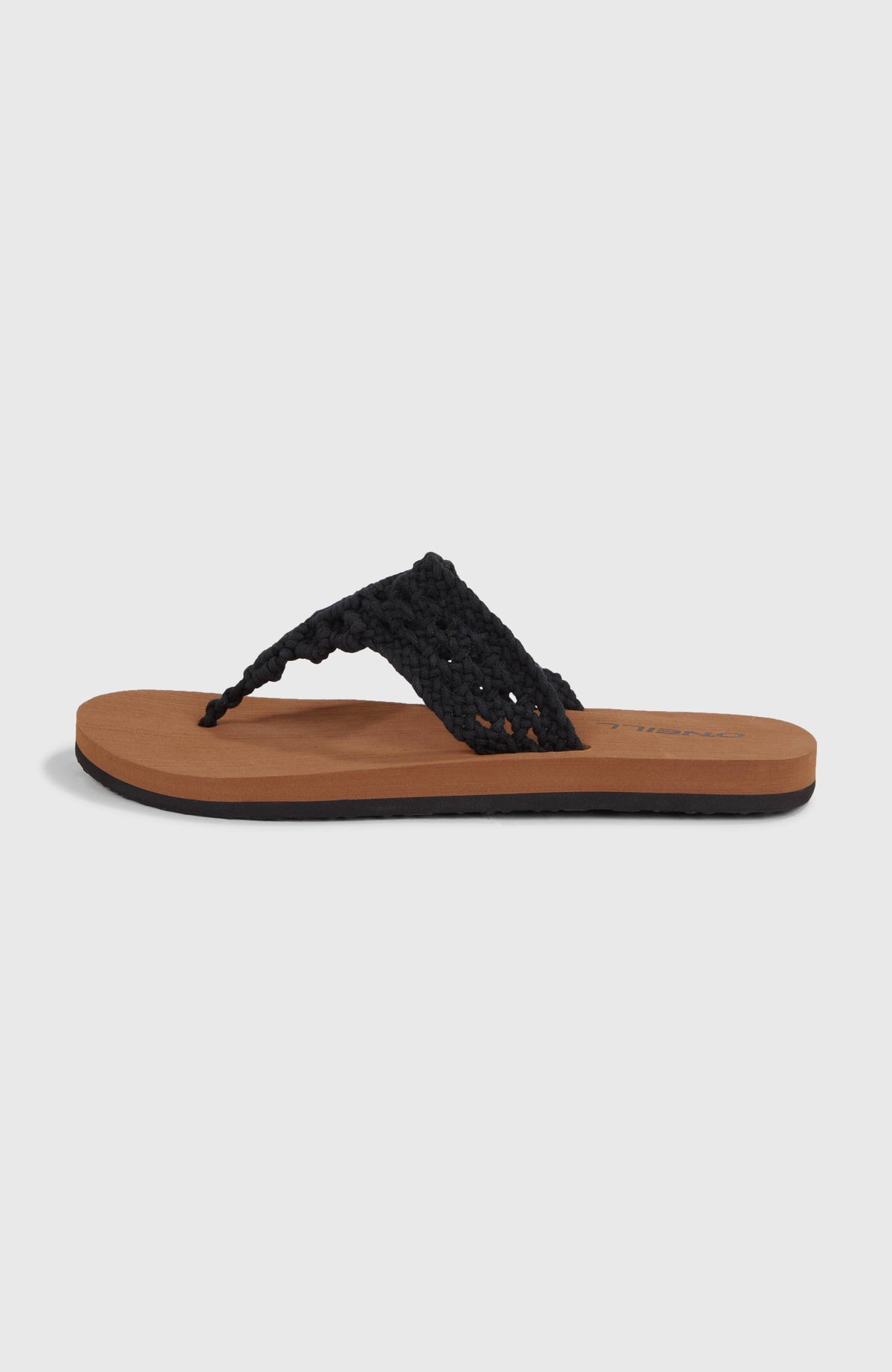 Ditsy Crochet Sandalen für Damen, schwarz, freigestellt in der Seitenansicht mit flacher Sohle