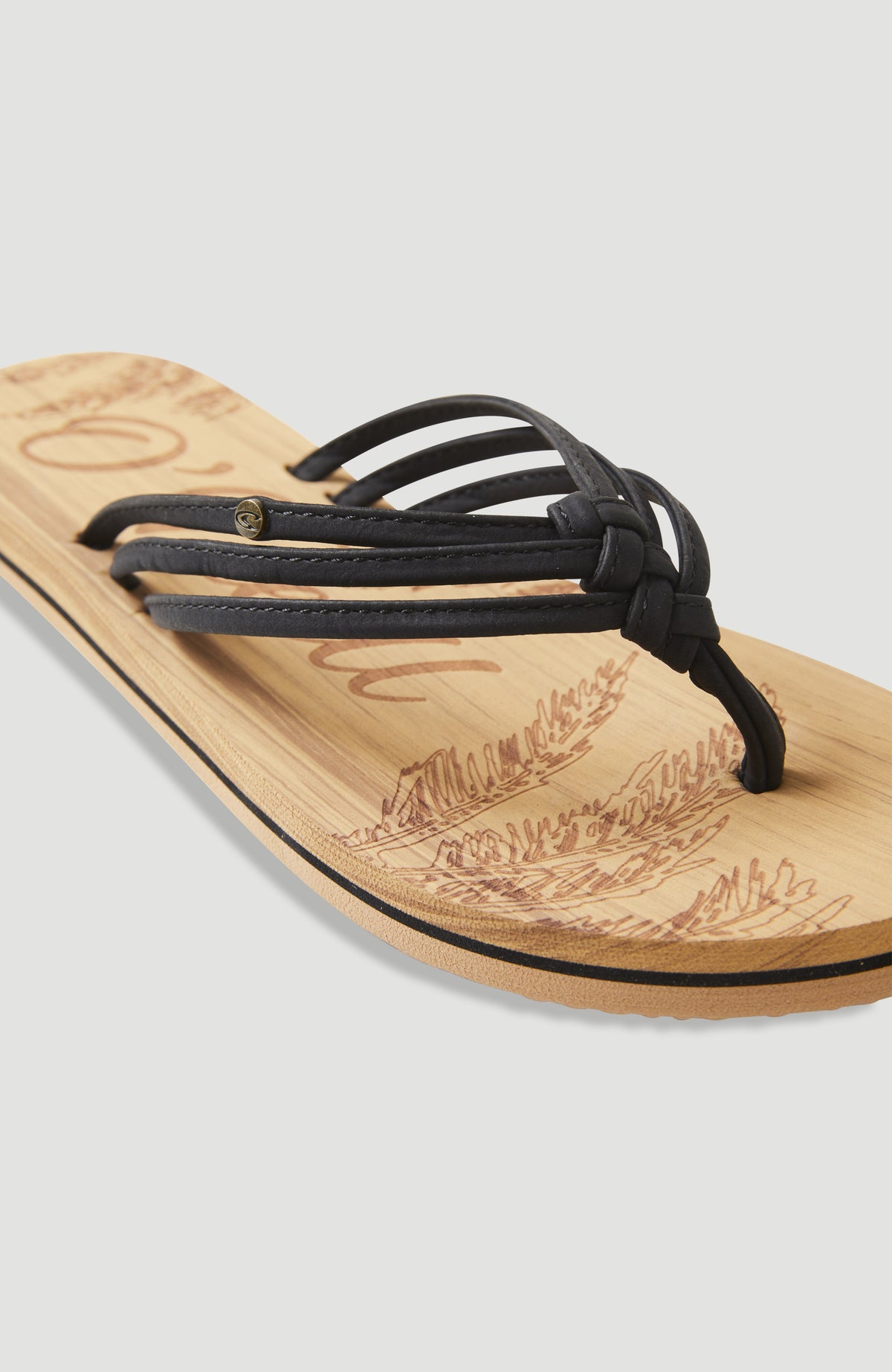 Nahaufnahme der Riemen der schwarzen Ditsy Sandalen für Damen