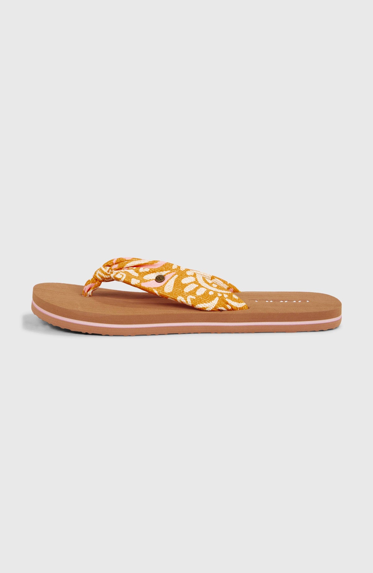Ditsy Sun Sandalen für Damen, orange mit abstraktem Muster in Weiß und Rosa, freigestellt in Seitenansicht