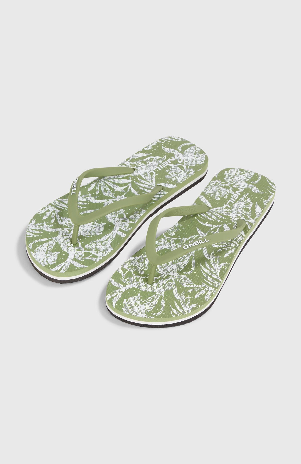 O'Neill Profile Graphic Sandalen für Damen, grün mit Pflanzenmuster in Weiß, freigestellt von schräg oben