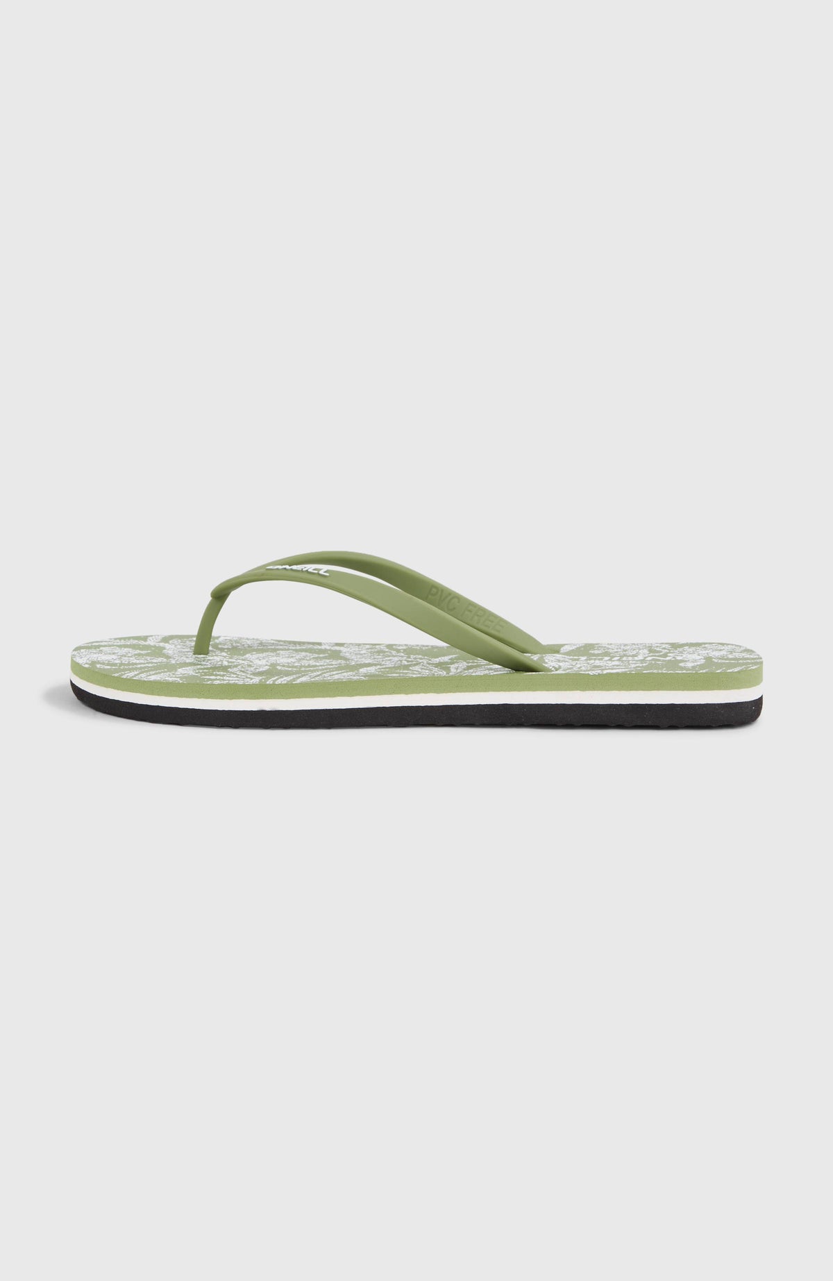 Profile Graphic Sandalen für Damen, grün mit Pflanzenmuster in Weiß, freigestellt von der Seite, flache Sohle