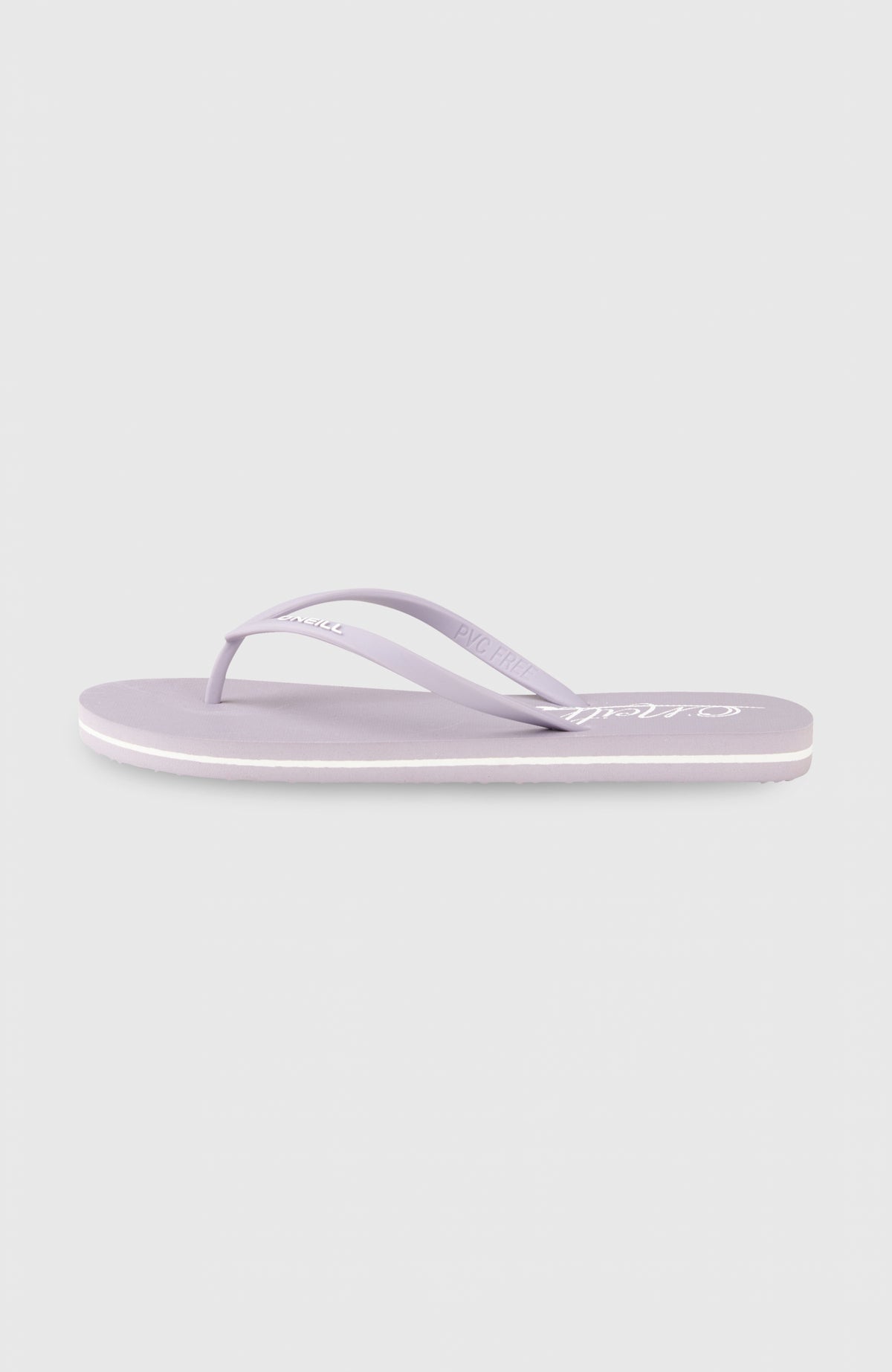 Profile Script Logo Sandalen für Damen, lila mit Logo-Print in Weiß, freigestellt in der Seitenansicht