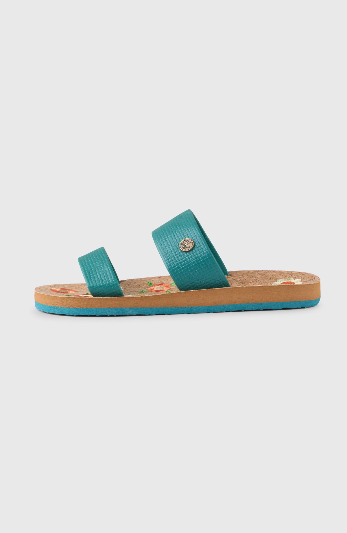 O'Riginals Slides für Damen, grün mit Blumenmuster in Orange und Weiß, freigestellt von der Seite mit Profilsohle