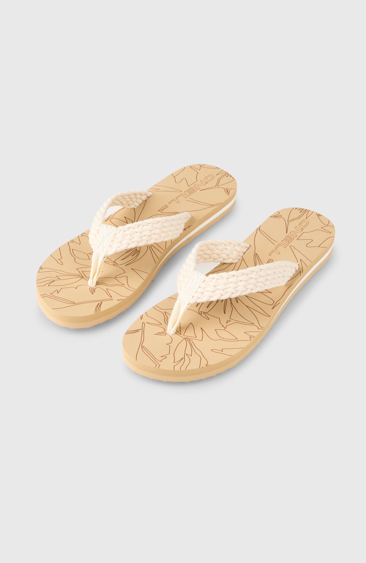 O'Neill Sandalen mit floralem Print für Damen, weiß mit Blumenmuster in Braun, freigestellt von schräg oben