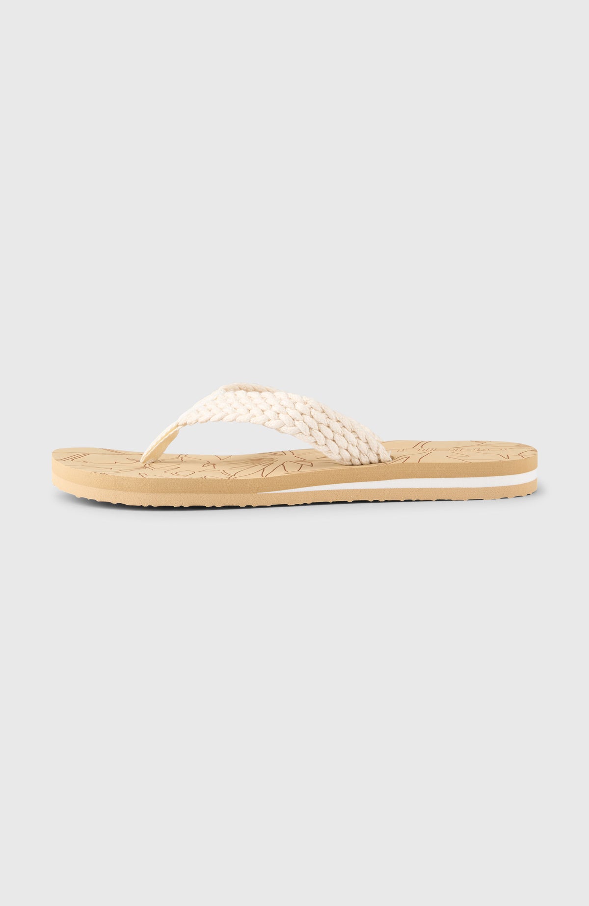 Sandalen mit floralem Print für Damen, weiß, freigestellt von der Seite, geflochtener Riemen
