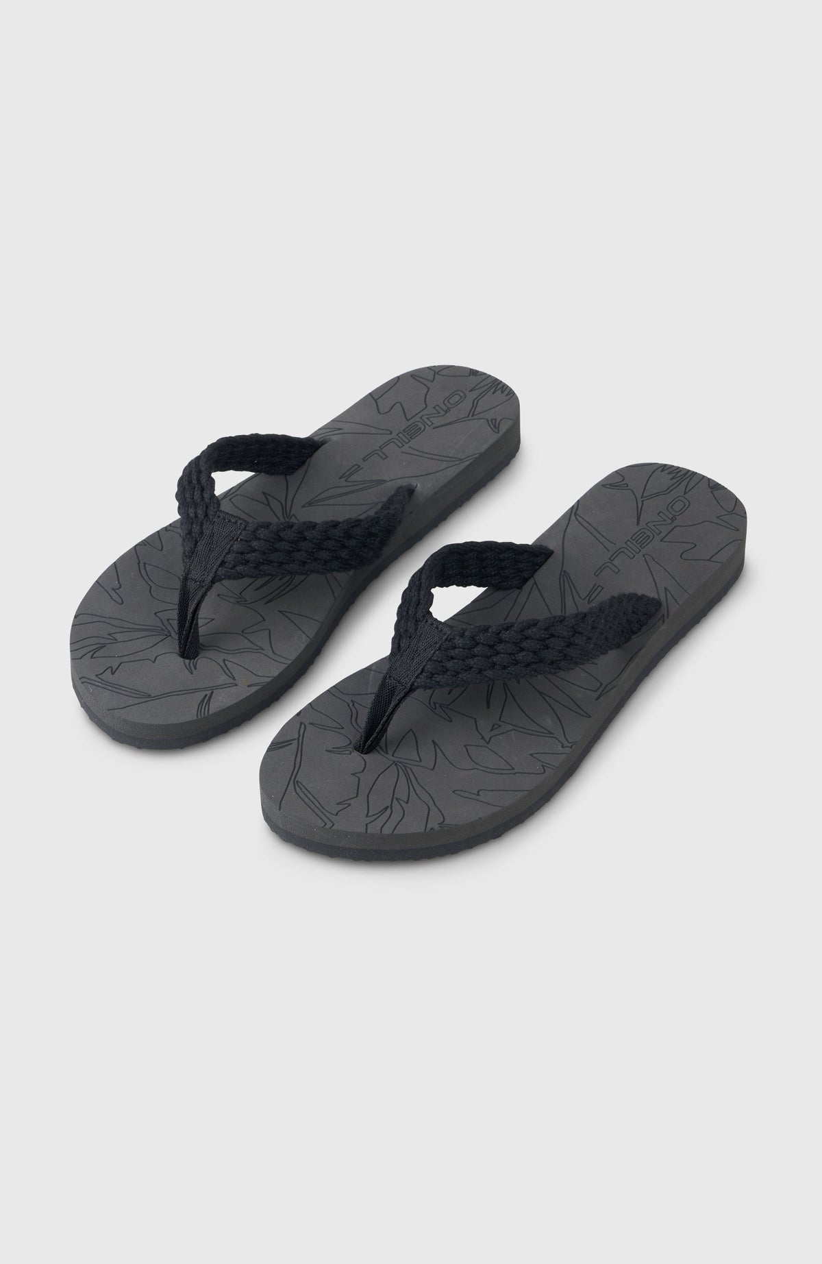 O'Neill Sandalen mit floralem Print für Damen, schwarz, freigestellt von schräg oben als Paar