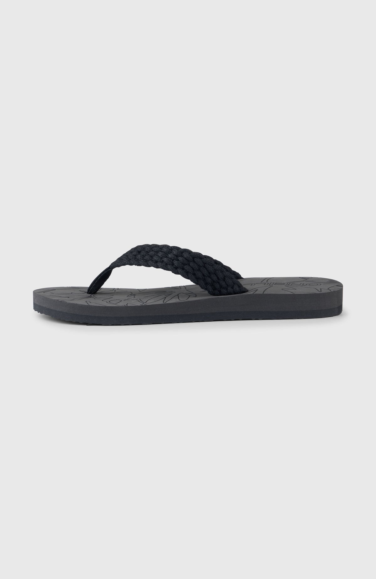 Sandalen mit floralem Print für Damen, schwarz, freigestellt von der Seite