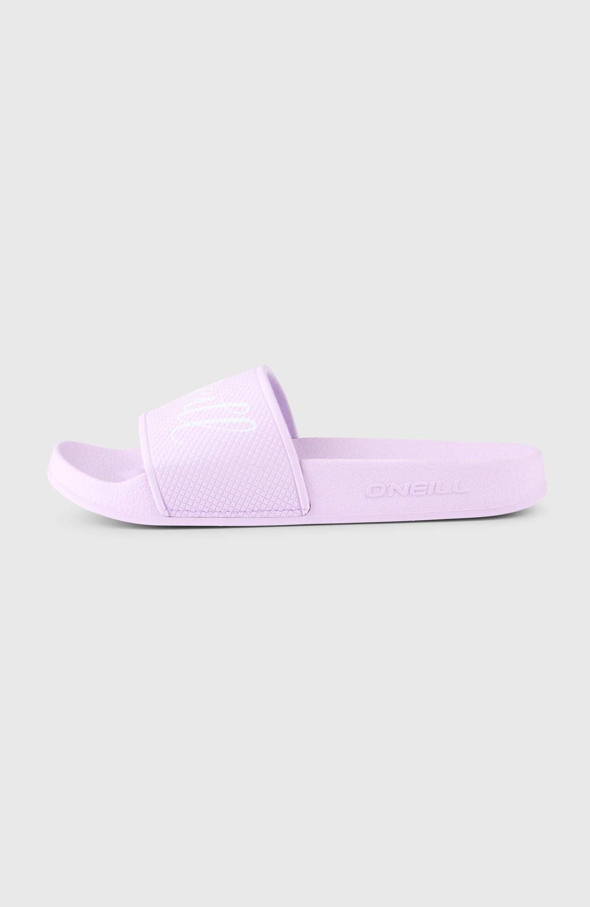 Script Slides für Damen, lila mit Logo-Print in Weiß, freigestellt von der Seite