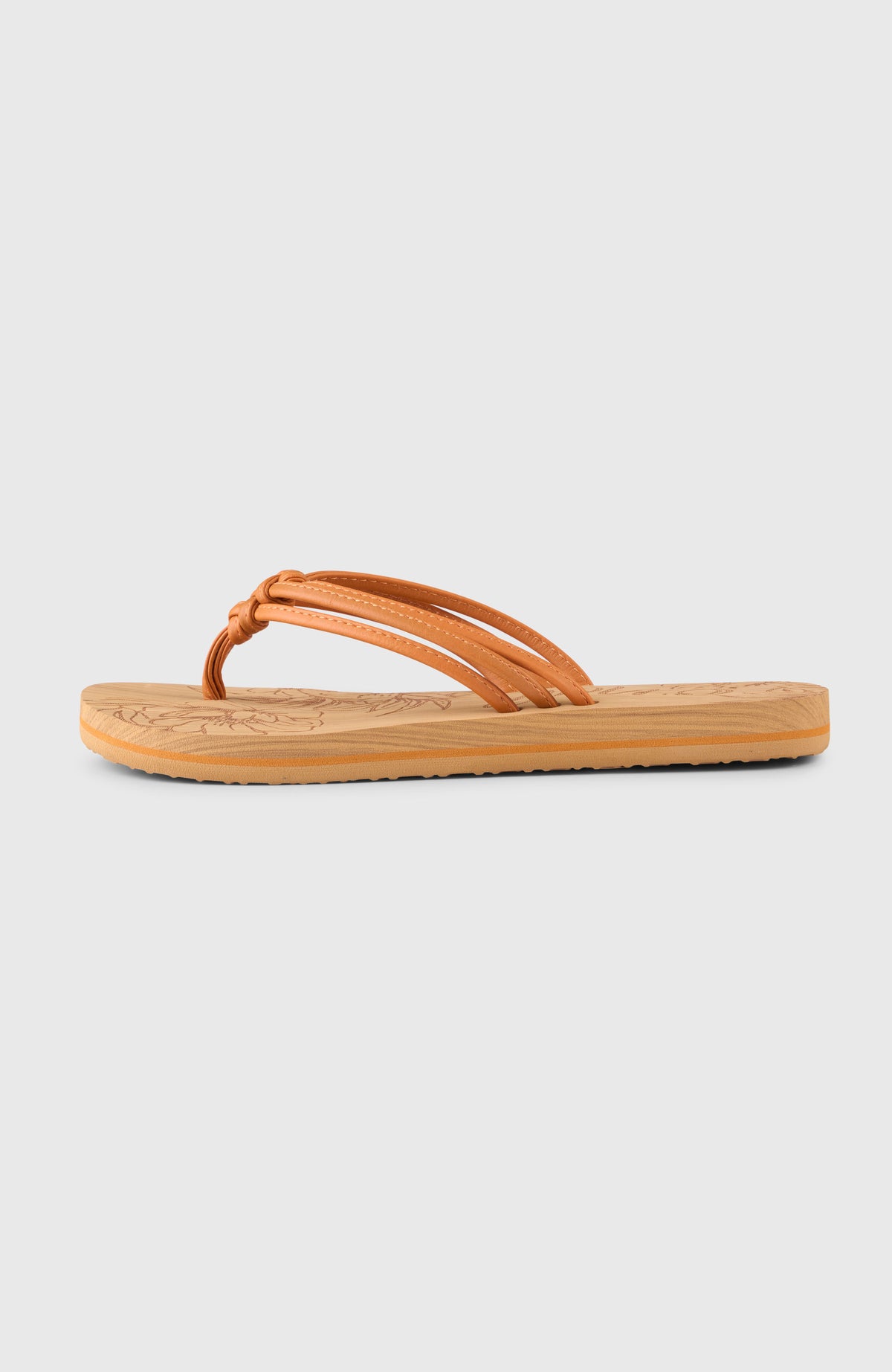 Ditsy Sandalen für Damen, orange mit Blumenmuster in Braun, freigestellte Seitenansicht mit flacher Sohle