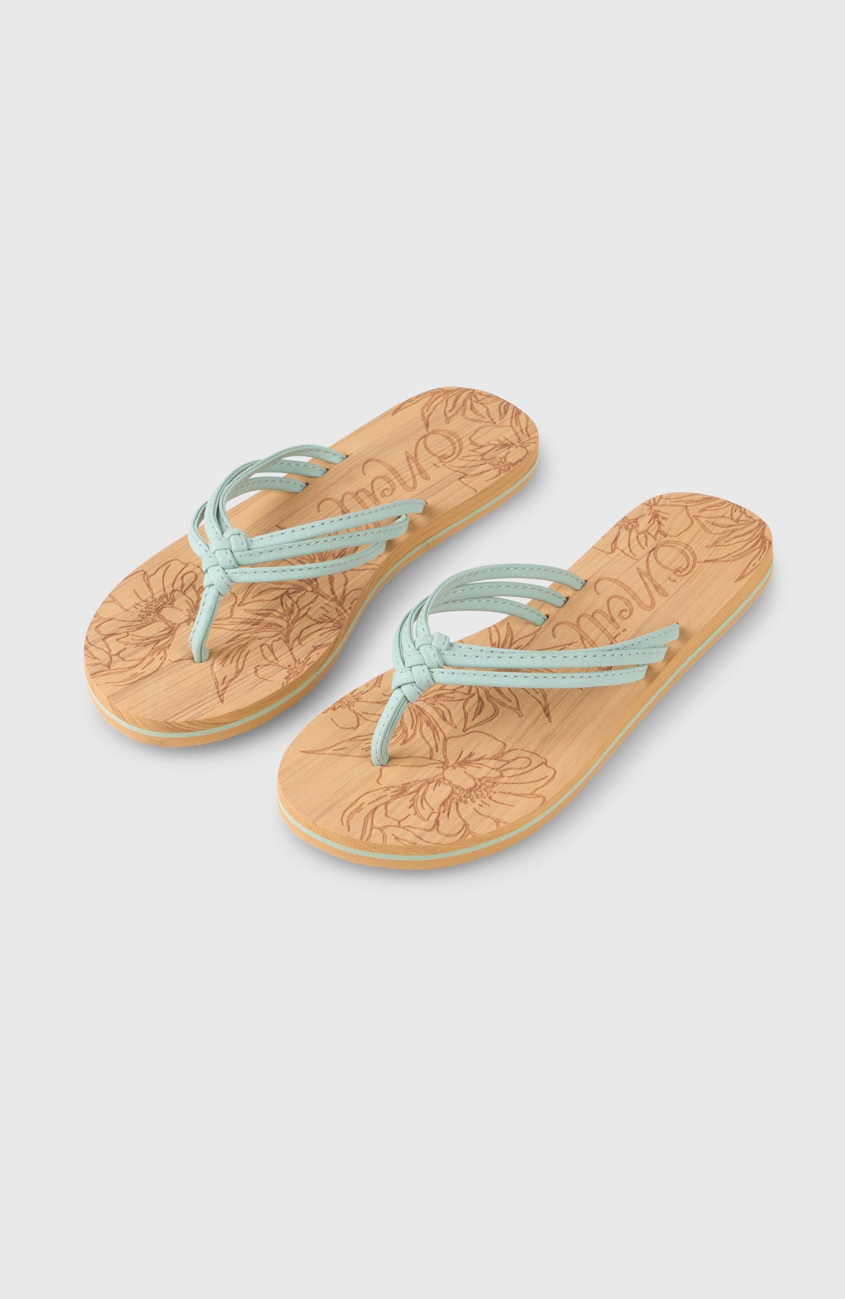O'Neill Ditsy Sandalen für Damen, grün mit Blumenmuster in Braun, freigestellt von schräg oben