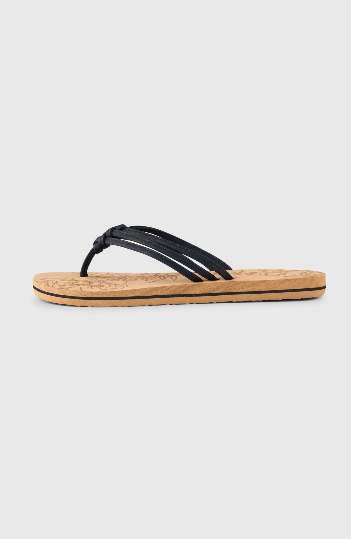 Ditsy Sandalen für Damen, schwarz, freigestellt in der Seitenansicht mit flacher Sohle