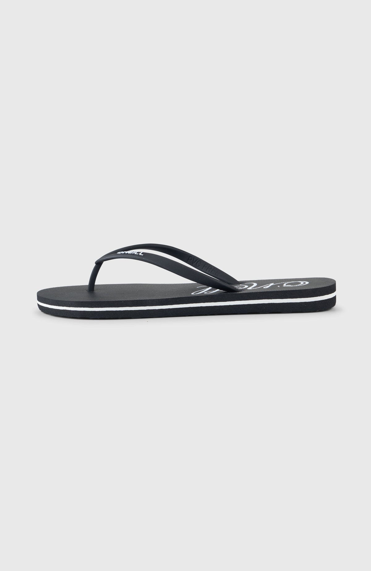 Schwarze Profile Logo Sandalen für Damen, freigestellt in der Seitenansicht, Sohle mit weißem Streifen