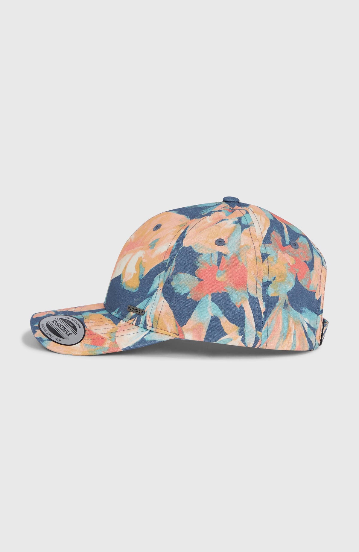 Seacoast Cap für Damen, blau mit Tropenmuster in Orange und Türkis, freigestellt in Seitenansicht
