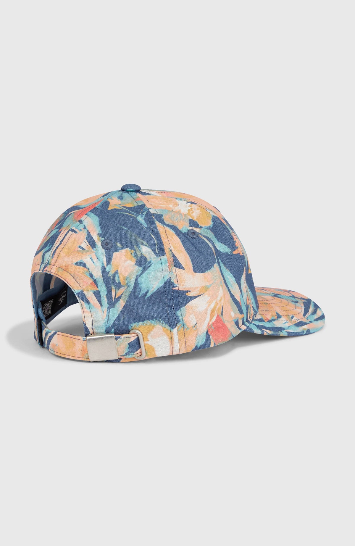 Seacoast Cap für Damen, blau mit Tropenmuster in Orange und Türkis, Rückansicht mit verstellbarem Riemen