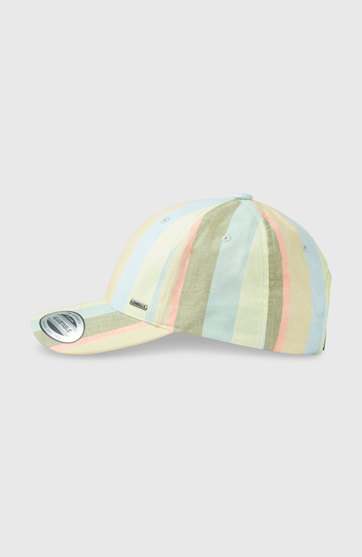 Seacoast Cap für Damen, gelb mit Streifenmuster in Blau und Grün, freigestellt von der Seite