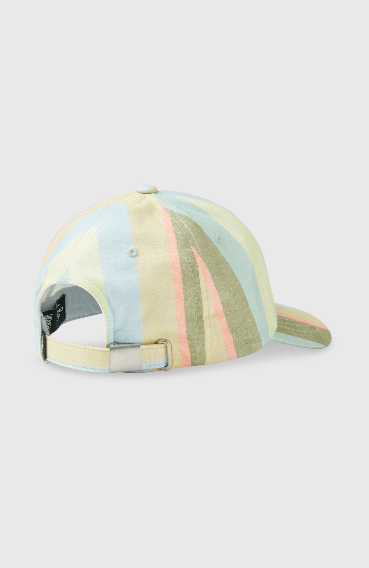 Gelbe Seacoast Cap mit Streifenmuster in Blau und Grün, Ansicht von hinten mit Metallschnalle