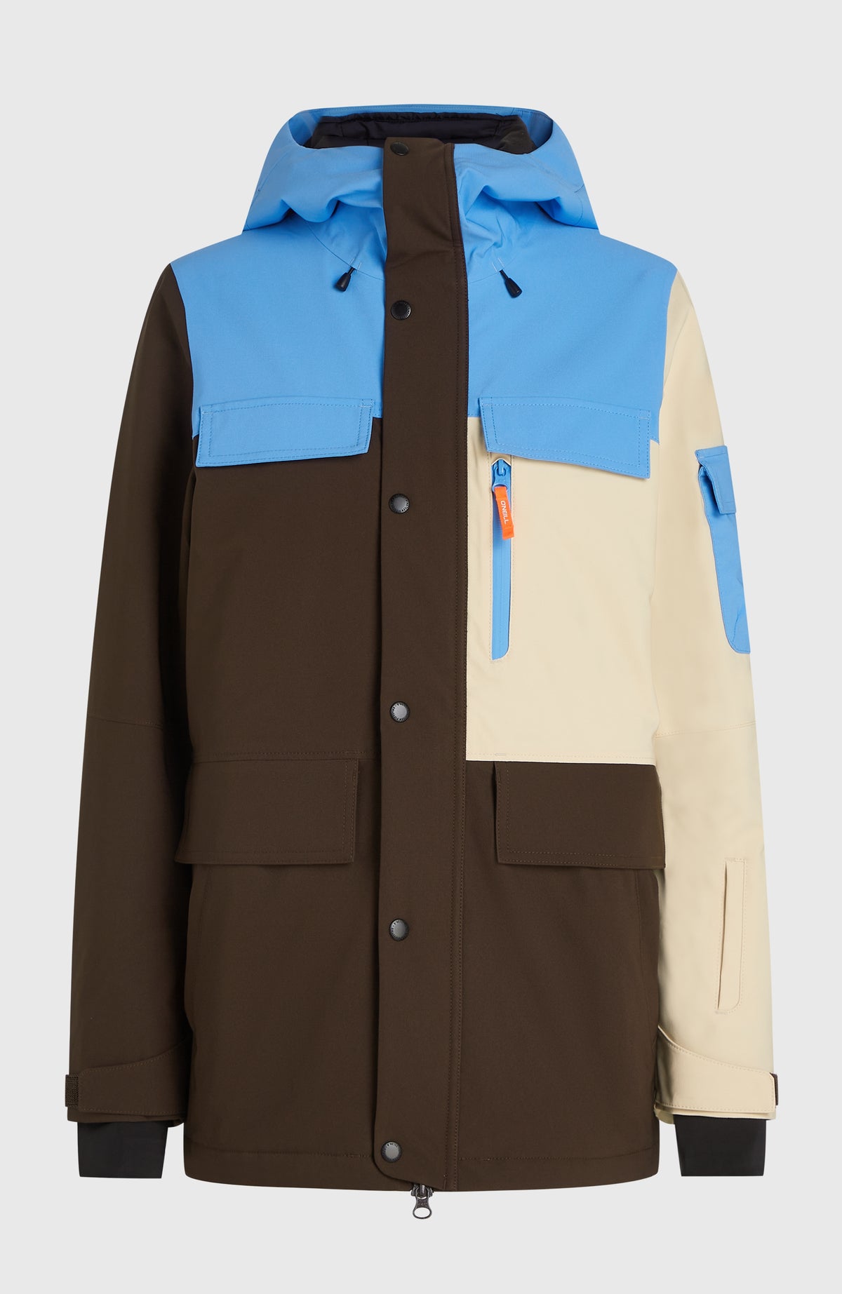 FWC'Peak Pro Skijacke für Damen in Blau, freigestellt von vorne mit Kapuze und aufgesetzten Taschen
