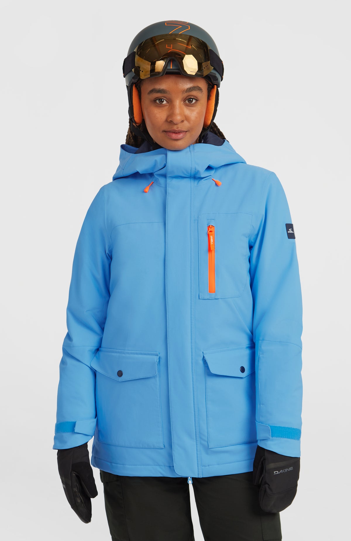 O'Neill FWC'Peak Skijacke für Damen in Blau, Vorderansicht am Model mit Kapuze