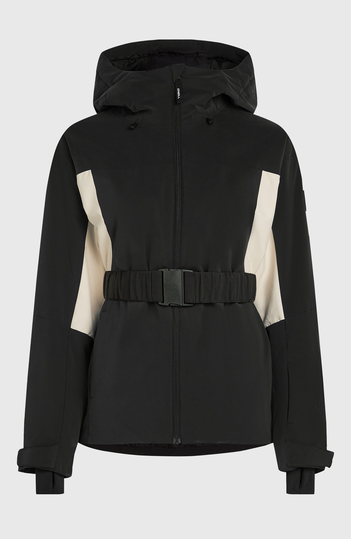 FWC'Cruz Hybrid-Skijacke mit Gürtel für Damen, schwarz, freigestellt von vorne mit Kapuze