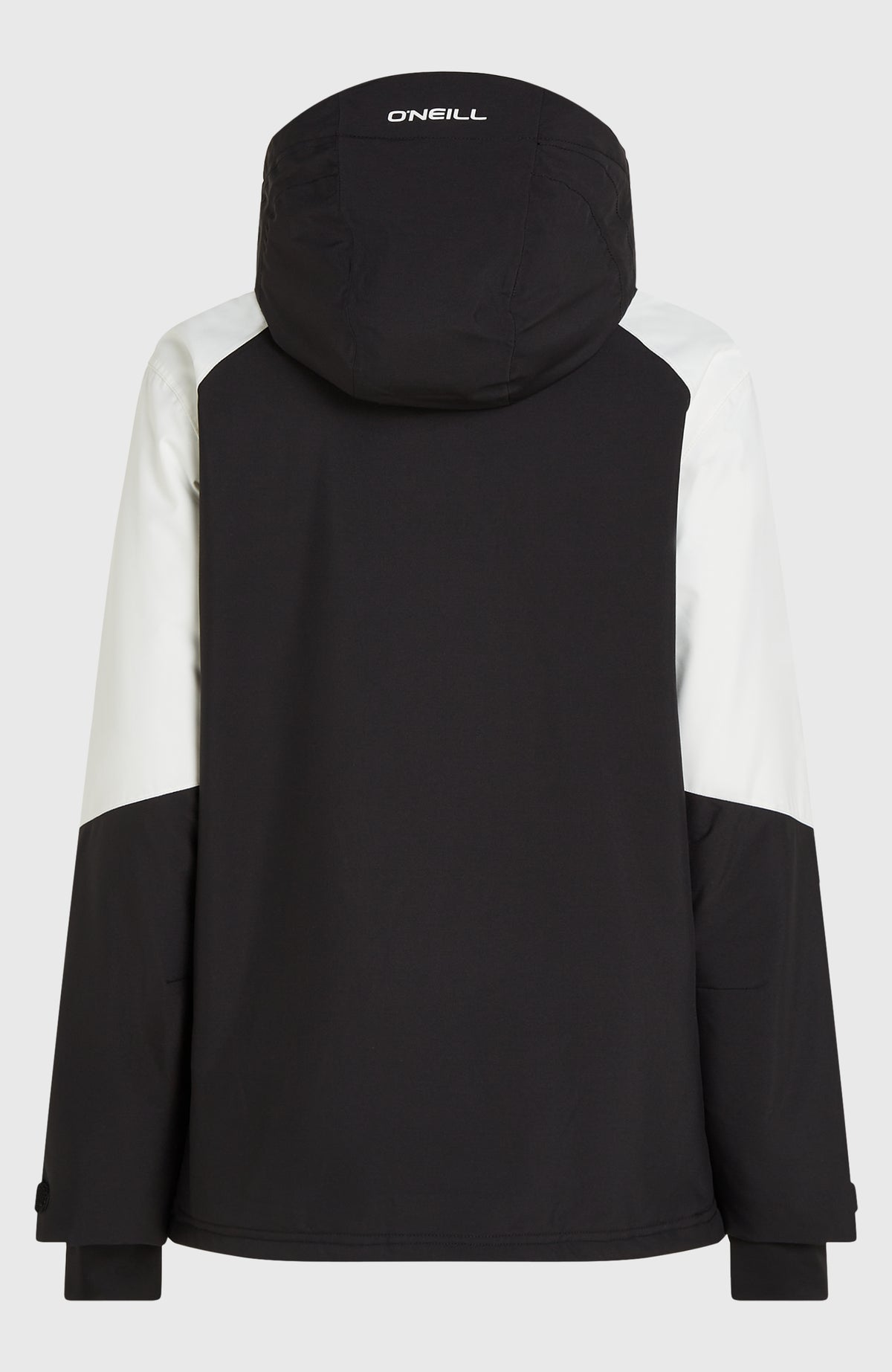 FWC'Play Asymmetric Ski- und Snowboardjacke für Damen, schwarz, freigestellt von hinten mit Kapuze