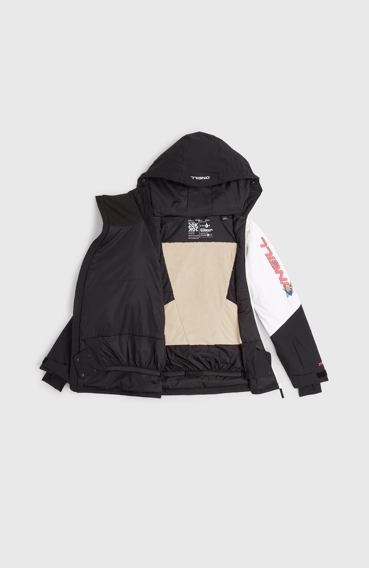 FWC'Play Asymmetric Ski- und Snowboardjacke für Damen, schwarz, flach liegend von vorne mit geöffnetem Innenfutter