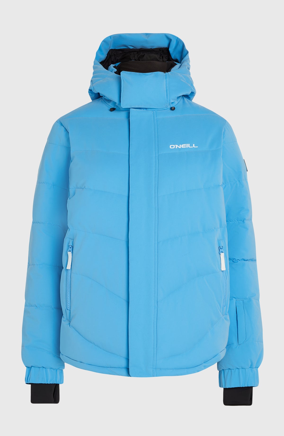 Gesteppte FWC'Cruz Hybrid-Skijacke für Damen in Blau, freigestellt von vorne mit Kapuze