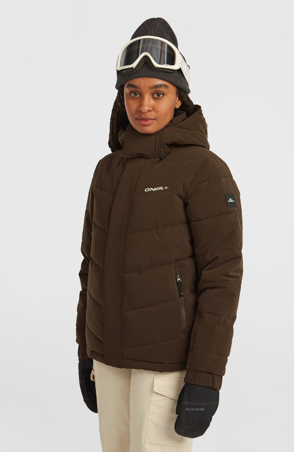 Gesteppte FWC'Cruz Hybrid-Skijacke für Damen, braun, Dreiviertelansicht mit Reißverschlusstaschen