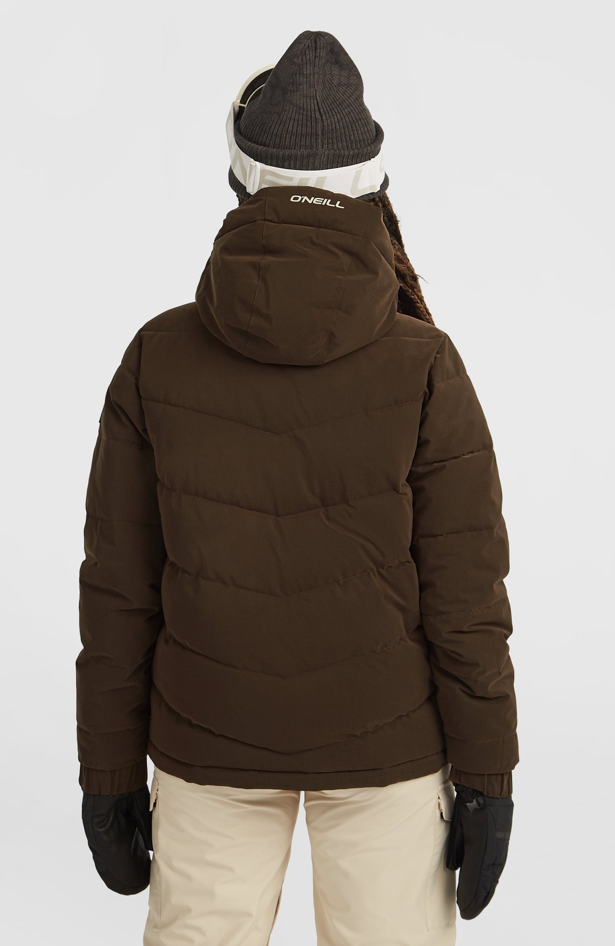 Gesteppte FWC'Cruz Hybrid-Skijacke für Damen, braun, Rückansicht mit Steppung und Kapuze, am Model