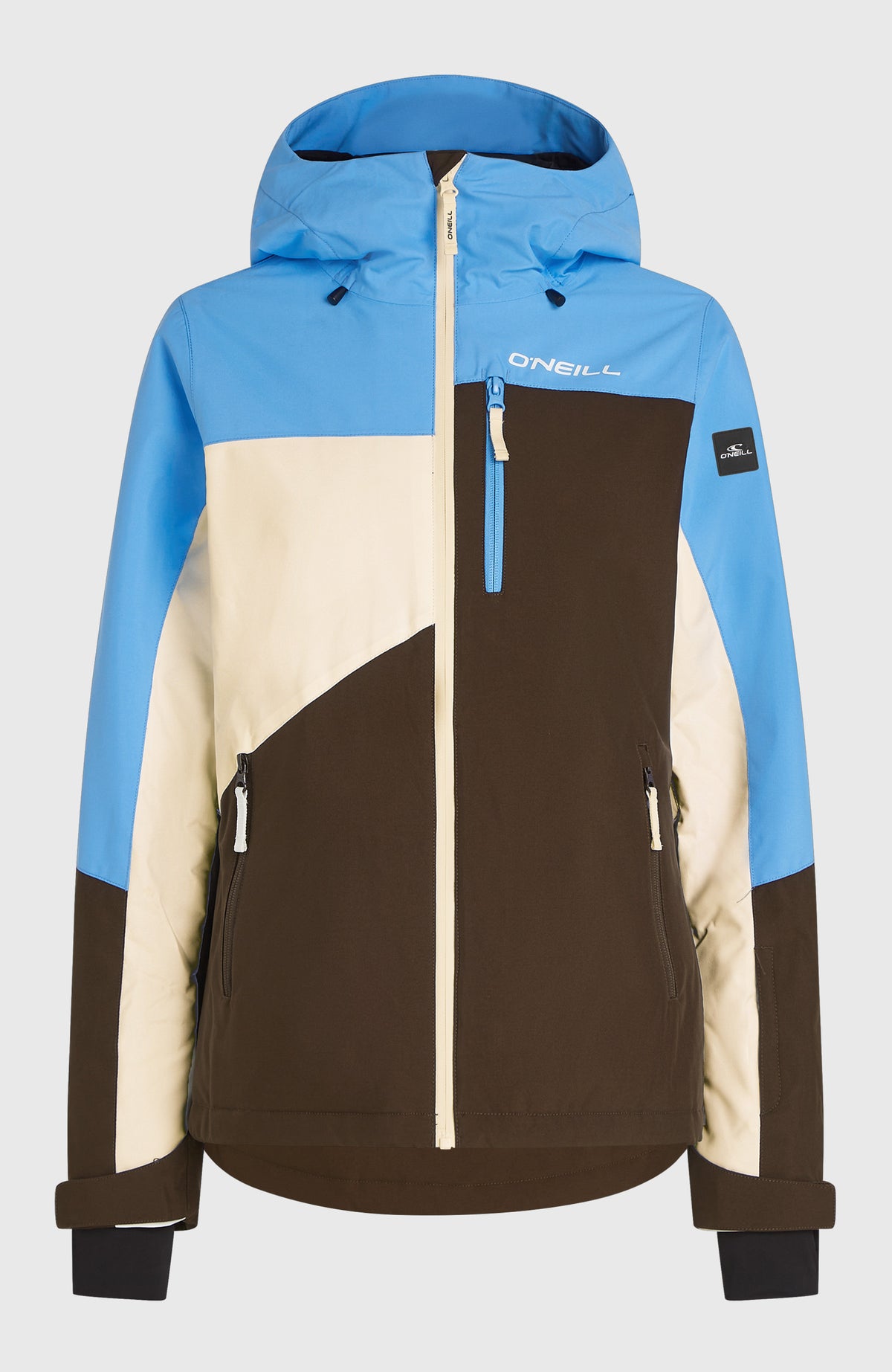 Blaue FWC'Cruz Triple Skijacke für Damen, freigestellt von vorne mit Kapuze und Brusttasche