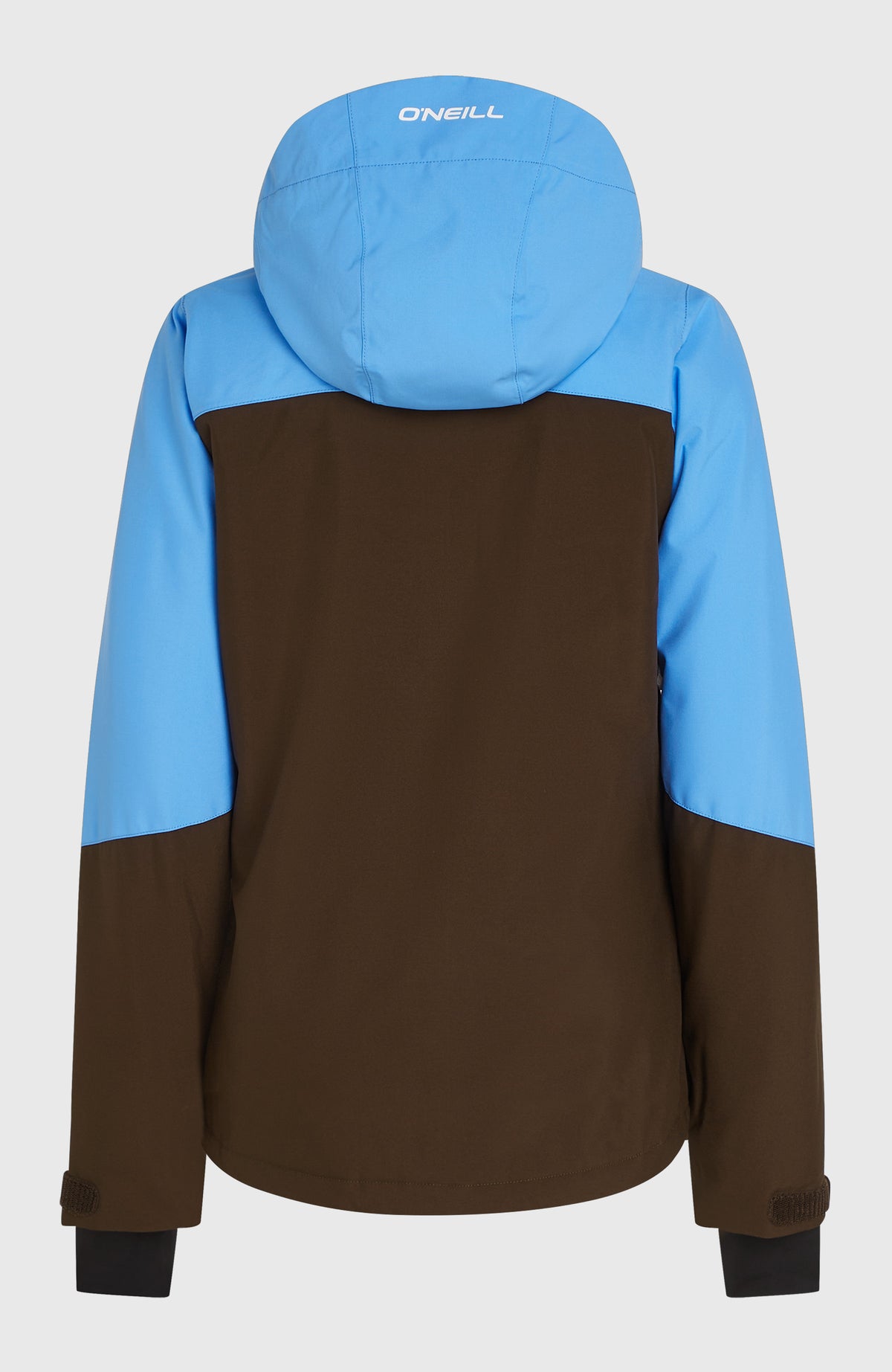Blaue FWC'Cruz Triple Skijacke für Damen, freigestellt von hinten mit Markenlogo auf der Kapuze