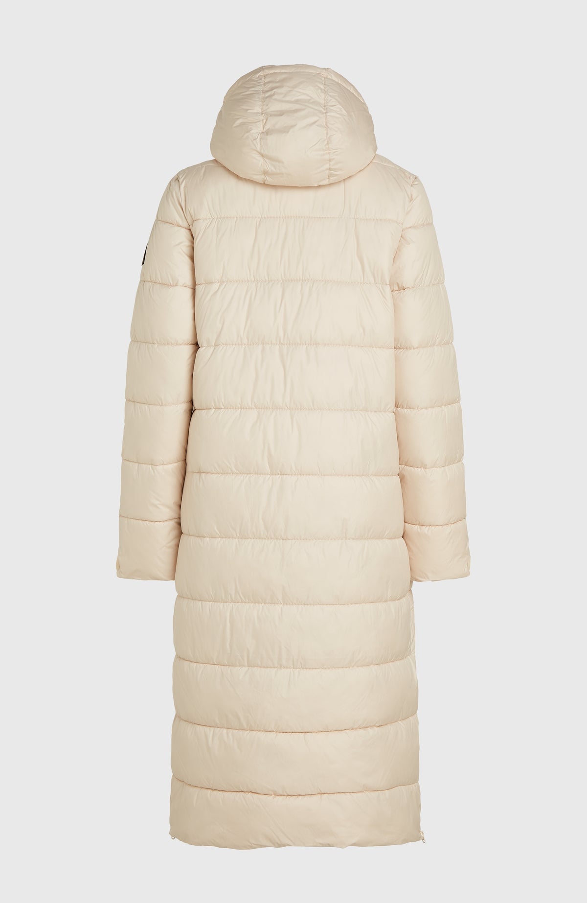 Lange Must-Have Steppjacke für Damen in Beige, freigestellt von hinten mit Steppmuster und Kapuze