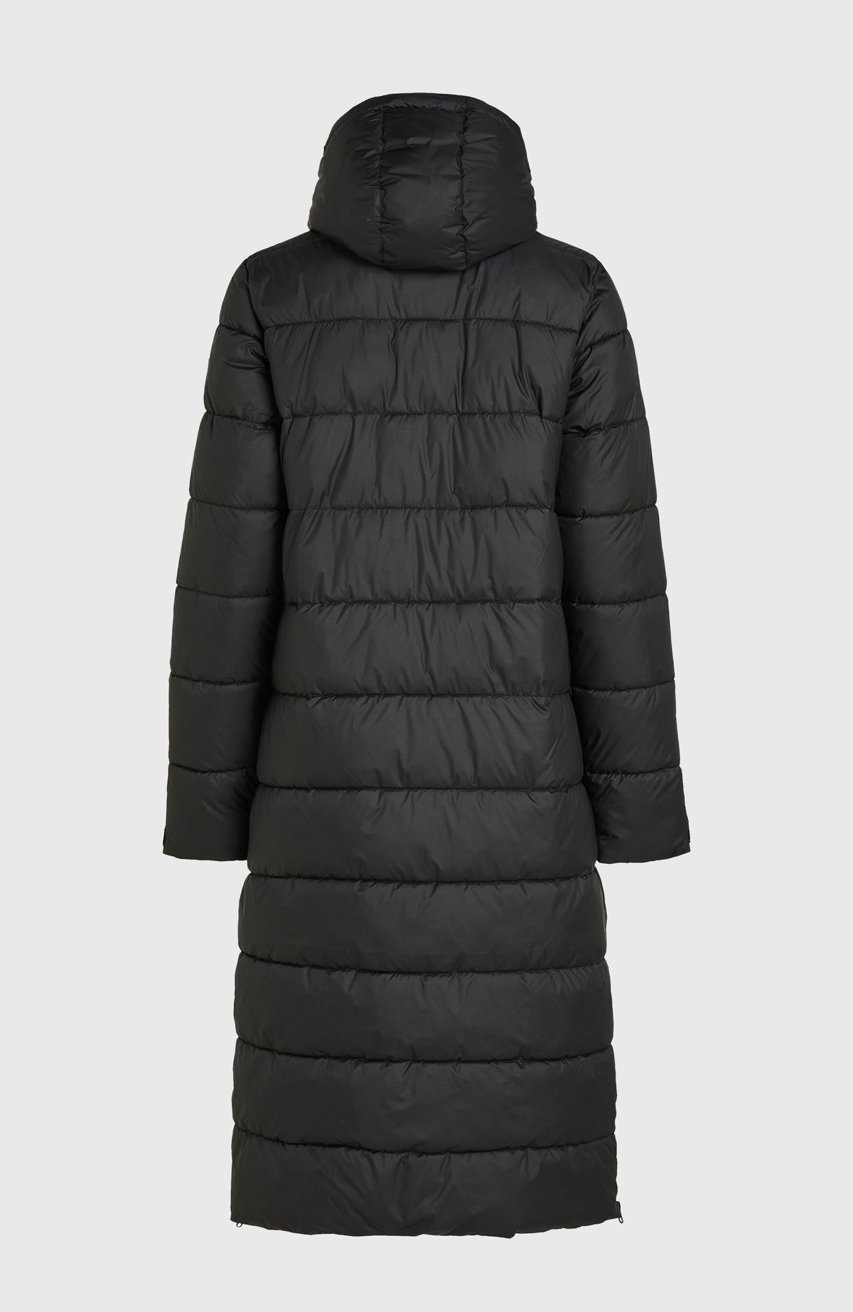 Schwarze Lange Must-Have Steppjacke für Damen, freigestellt von hinten mit Kapuze und Quersteppung