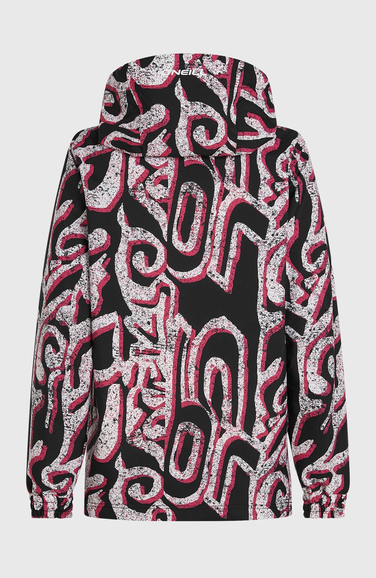 FWC'Play Park Ski- und Snowboardjacke für Damen, weiß mit Grafikmuster in Schwarz und Pink, freigestellt von hinten