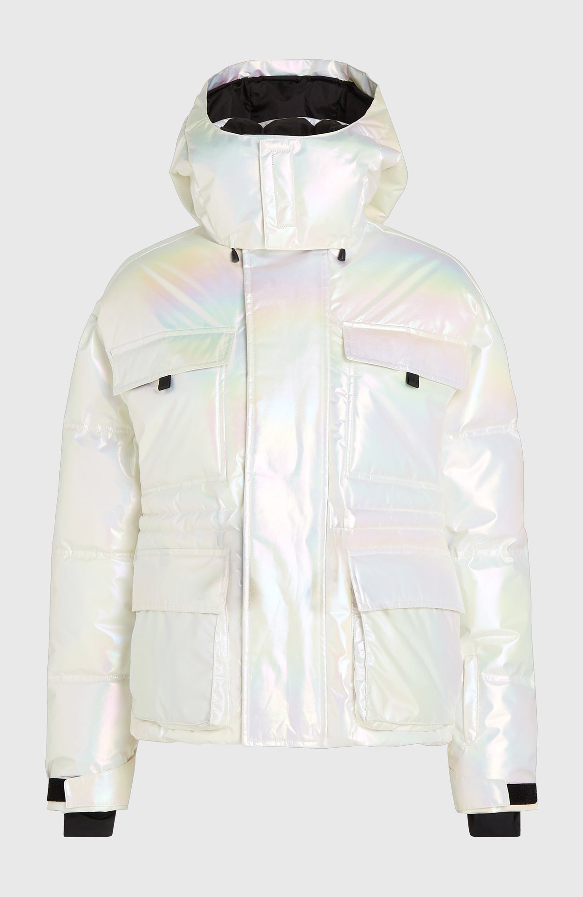 FWC'Cruz Hybrid-Skijacke für Damen in Weiß, freigestellt von vorne mit Kapuze und Taschen