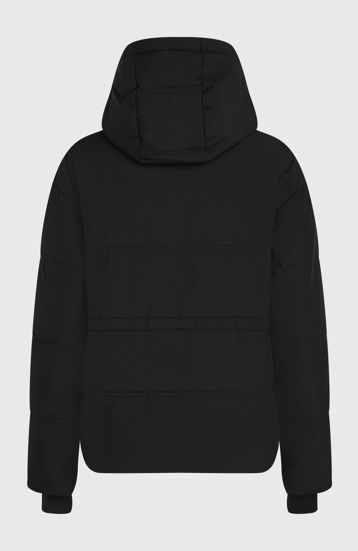 FWC'Cruz Hybrid-Skijacke für Damen, schwarz, freigestellt von hinten mit gesteppter Rückenpartie und Kapuze