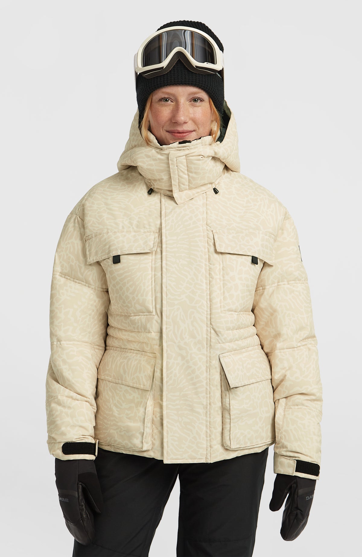 O'Neill FWC'Cruz Hybrid-Skijacke für Damen, beige mit Tiermuster in Cremeweiß, Vorderansicht