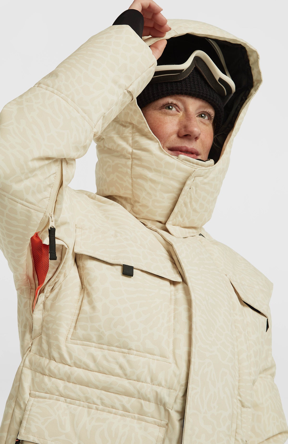 FWC'Cruz Hybrid-Skijacke für Damen, beige mit Tiermuster in Cremeweiß, Reißverschluss zur Belüftung