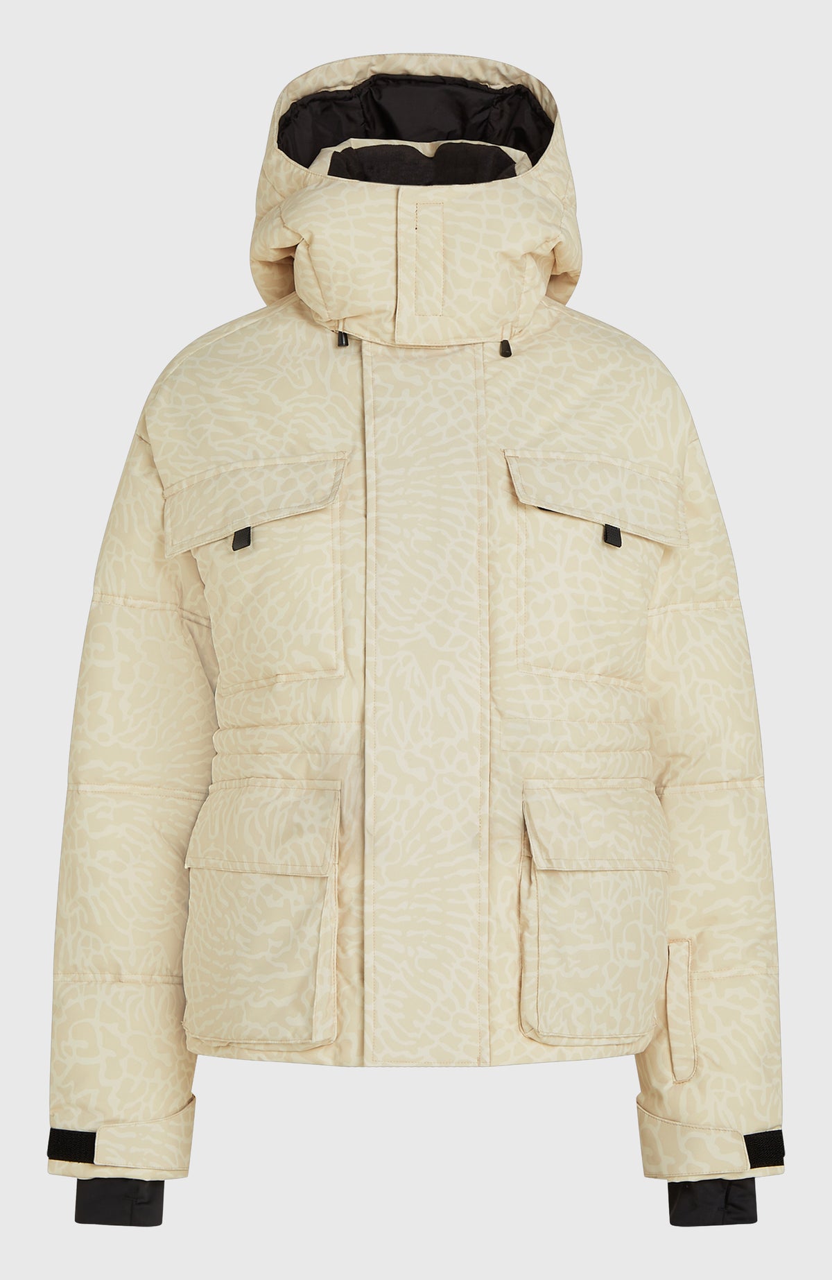 Beige FWC'Cruz Hybrid-Skijacke für Damen mit Tiermuster in Cremeweiß, freigestellt von vorne