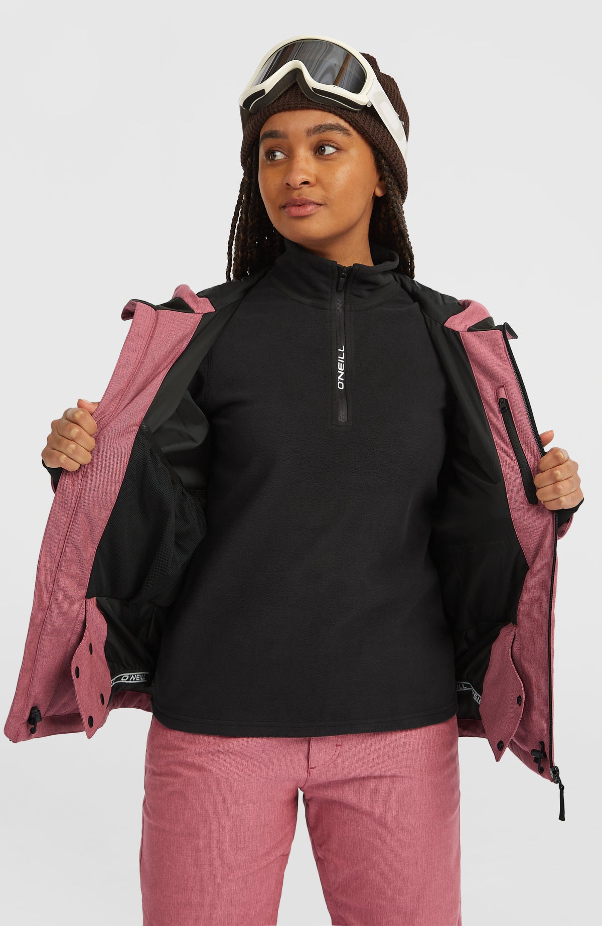 FWC'Cruz Melange Skijacke für Damen, pink, geöffnete Vorderansicht am Model mit Blick auf das Innenfutter