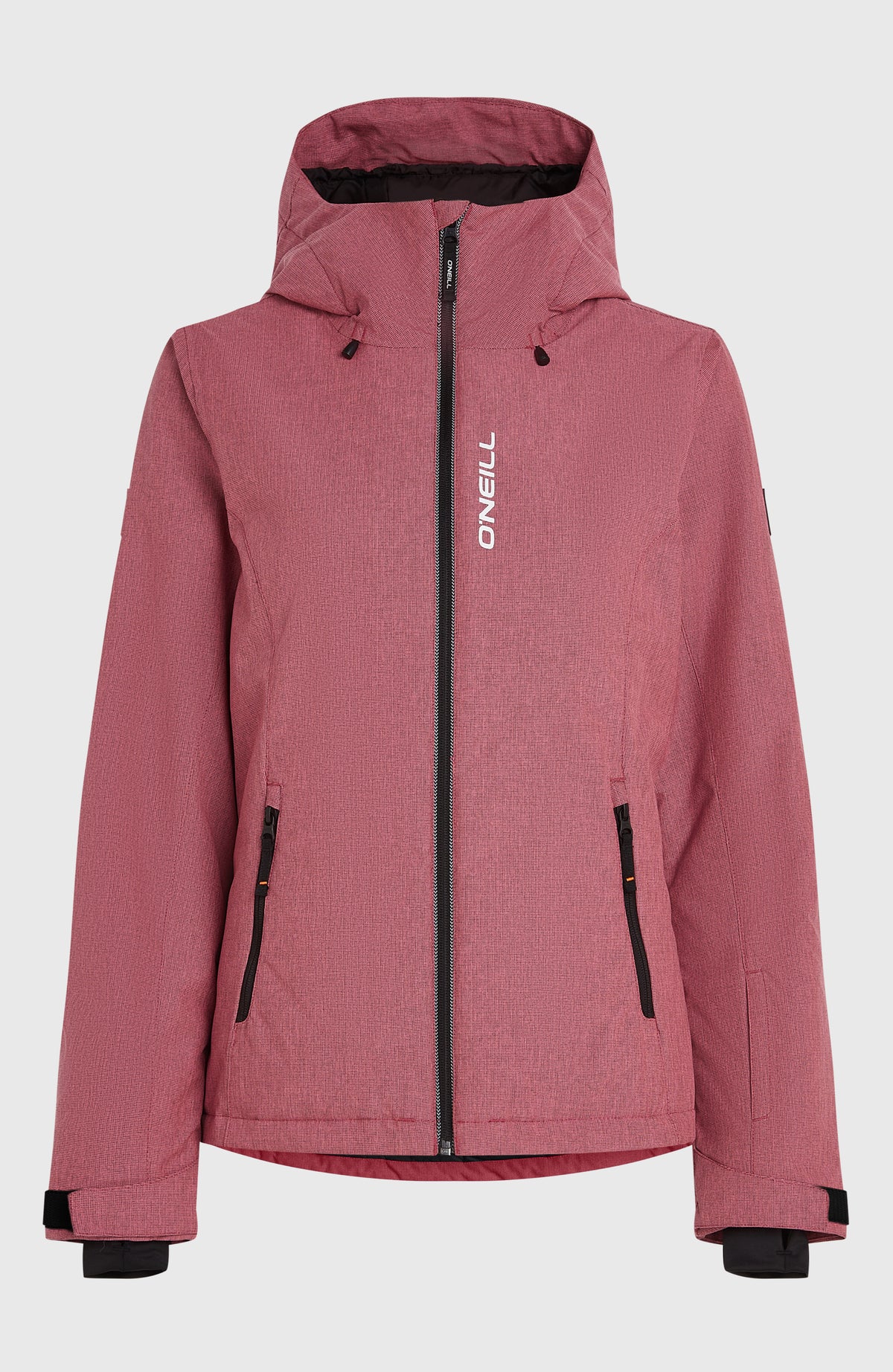 FWC'Cruz Melange Skijacke für Damen in Pink, freigestellt von vorne mit geschlossener Kapuze und Taschen